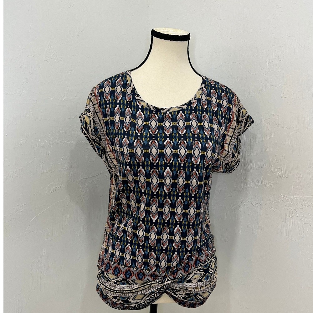 Lucky Brand Blouse Womens‎ XS Blue Geometric Ikat Twist Front Good Short Sleeve